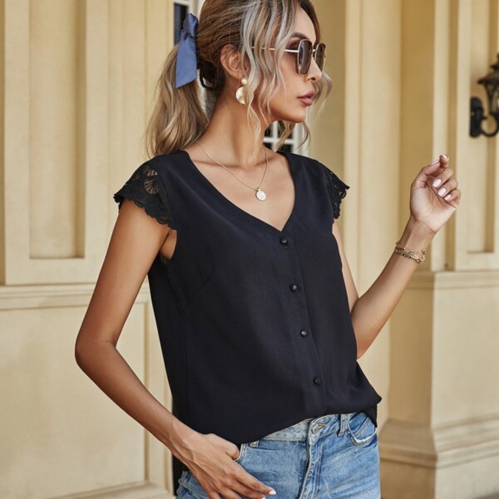 Navy Blue v neck button down lace low back detail top - Picture 5 of 8